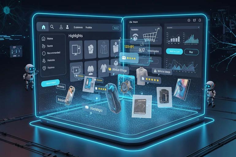 Interface futurista de comércio digital com inteligência artificial