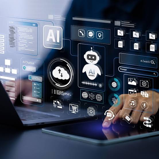 Interface digital de inteligência artificial sendo utilizada em tablet e notebook